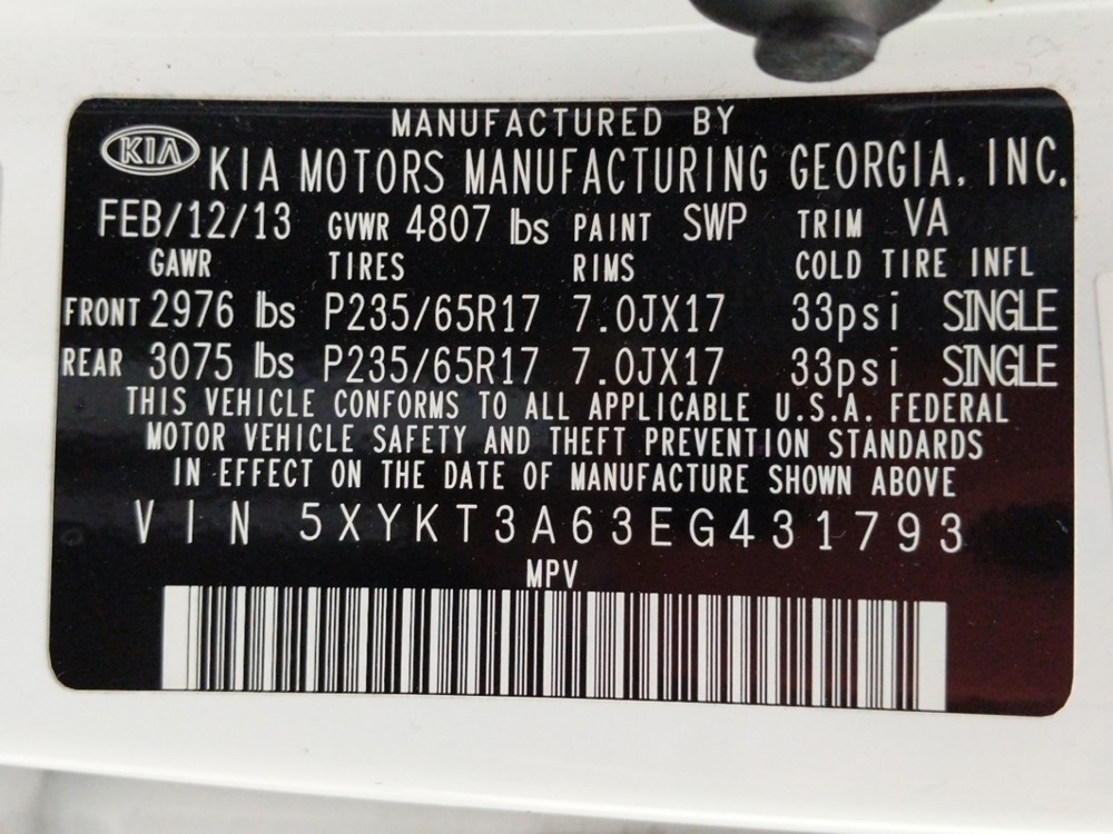 2014 Kia Sorento - VIN Plate