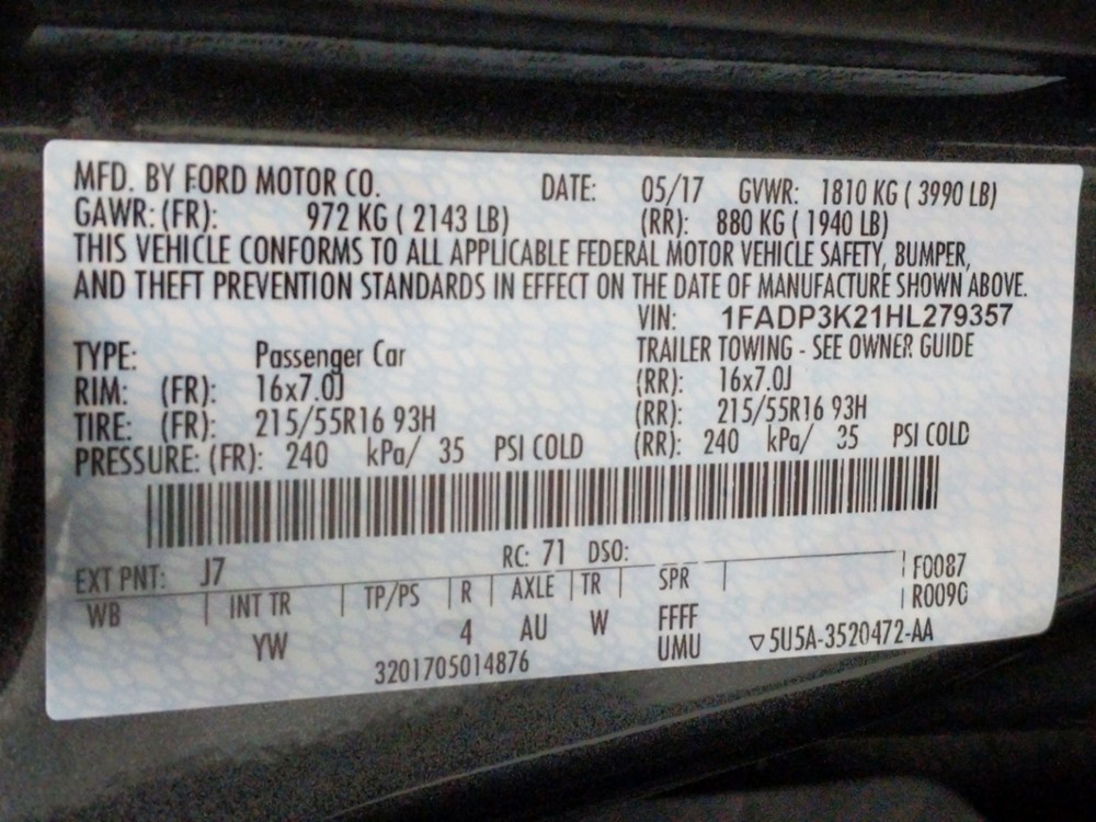 2017 Ford Focus - VIN Plate