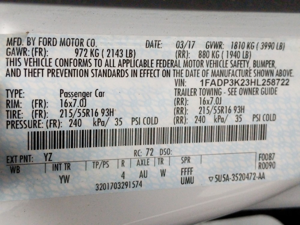 2017 Ford Focus - VIN Plate