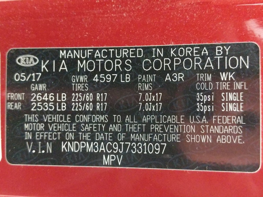 2018 Kia Sportage - VIN Plate