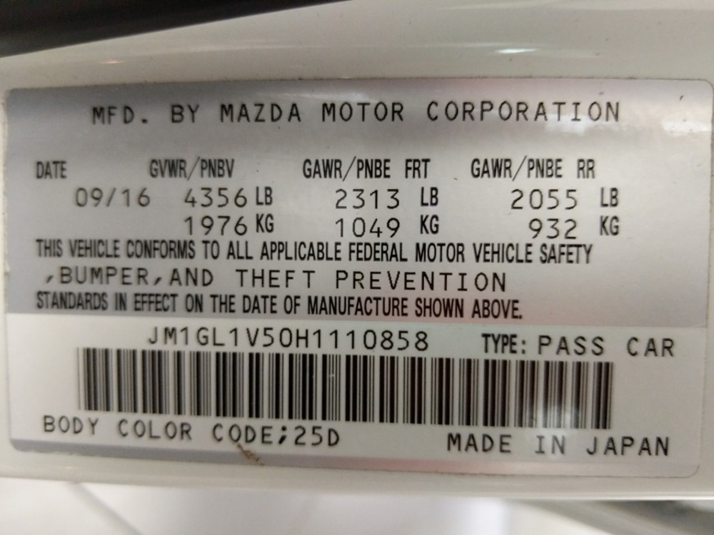 2017 Mazda Mazda6 - VIN Plate
