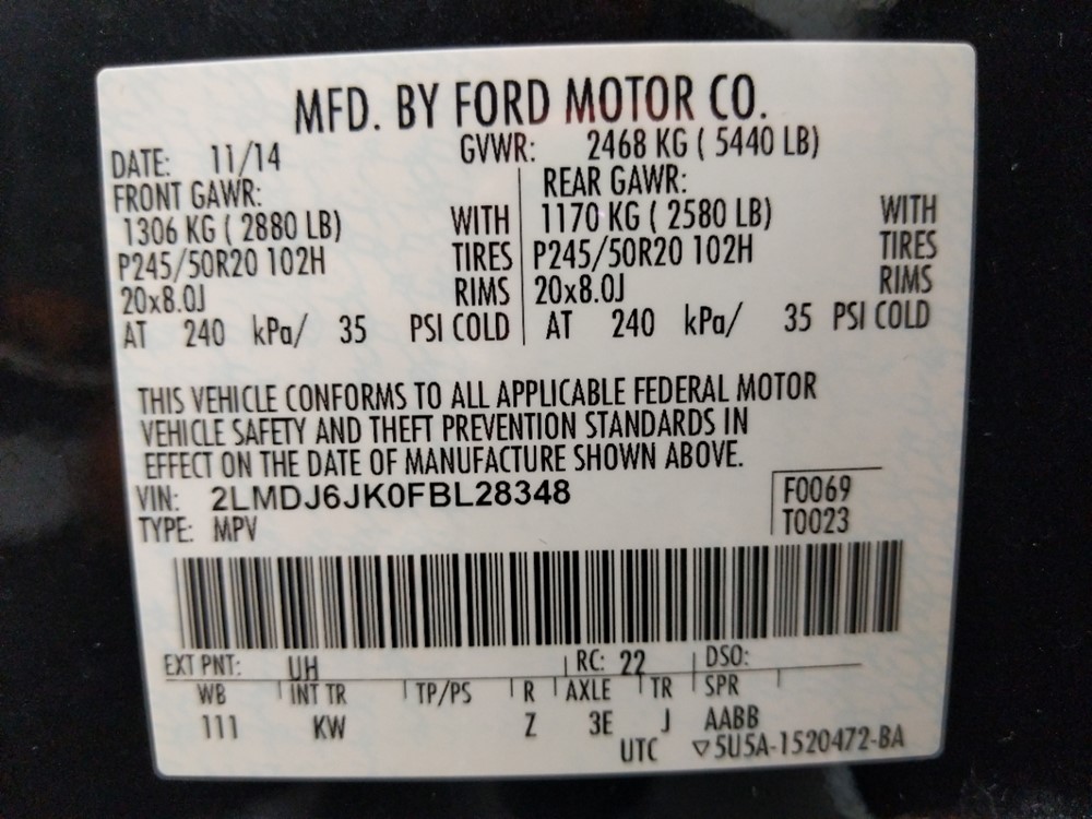 2015 Lincoln MKX - VIN Plate