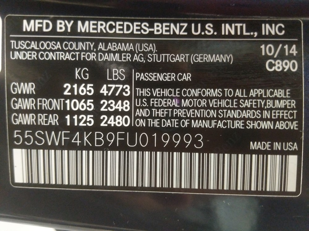 2015 Mercedes-Benz C300 - VIN Plate