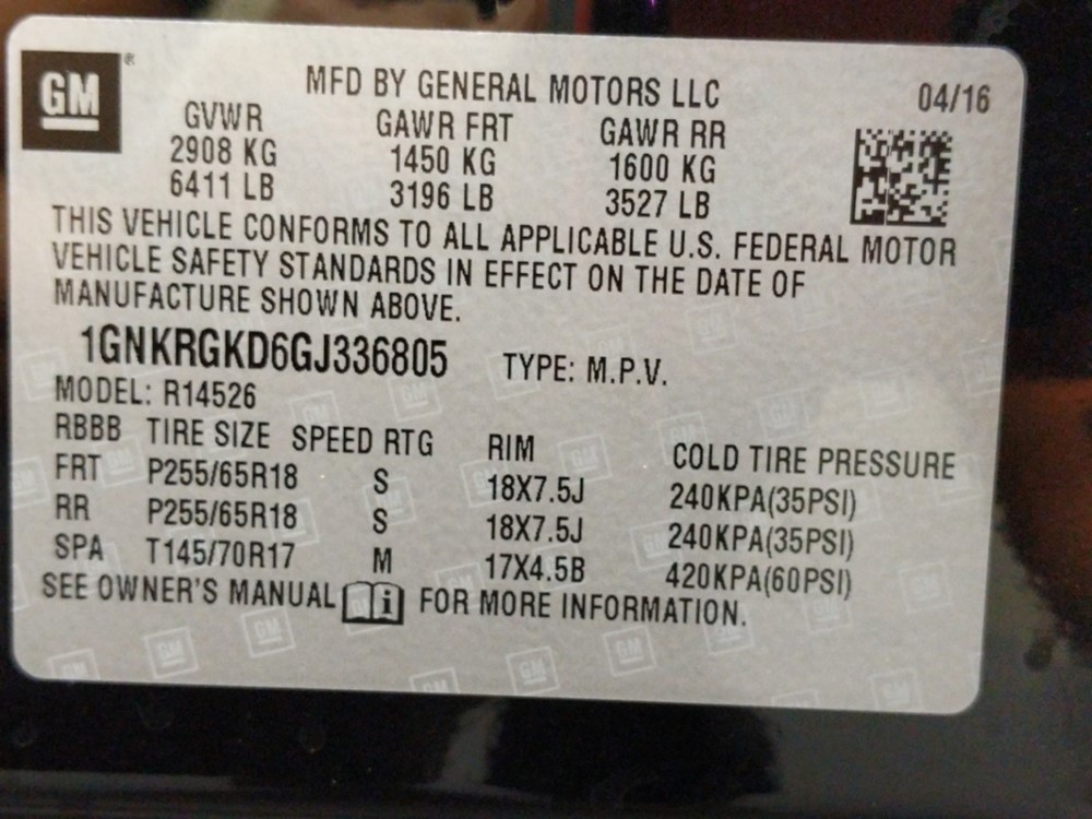 2016 Chevrolet Traverse - VIN Plate