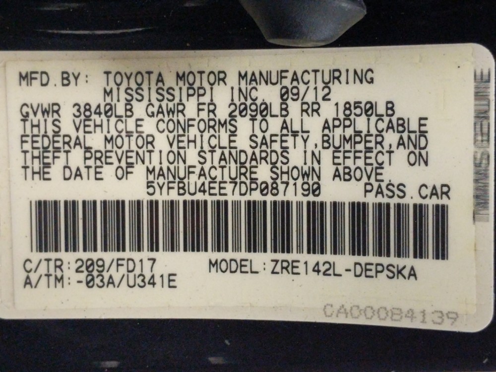 2013 Toyota Corolla - VIN Plate