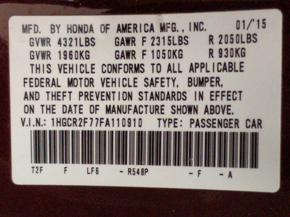 2015 Honda Accord - VIN Plate