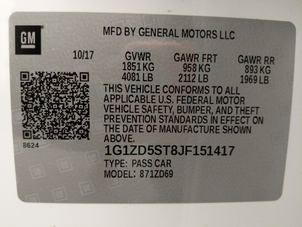 2018 Chevrolet Malibu - VIN Plate