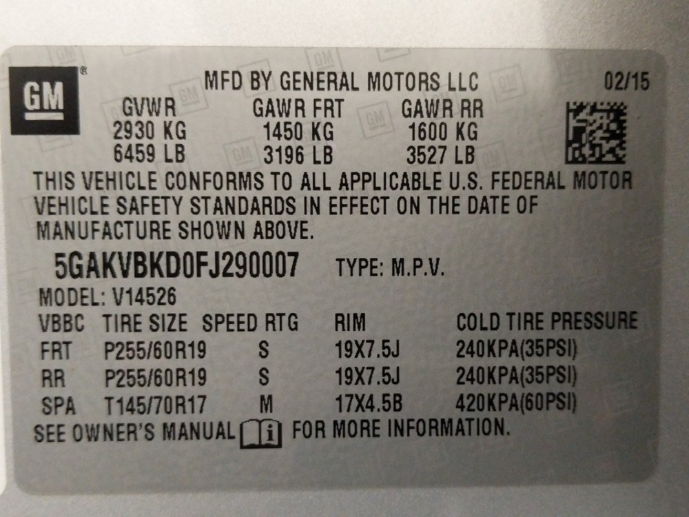2015 Buick Enclave - VIN Plate