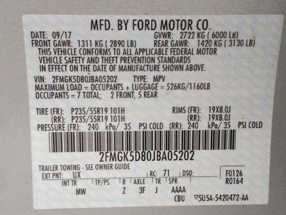 2018 Ford Flex - VIN Plate