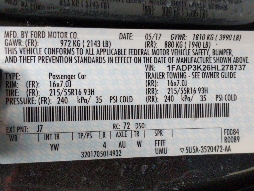 2017 Ford Focus - VIN Plate