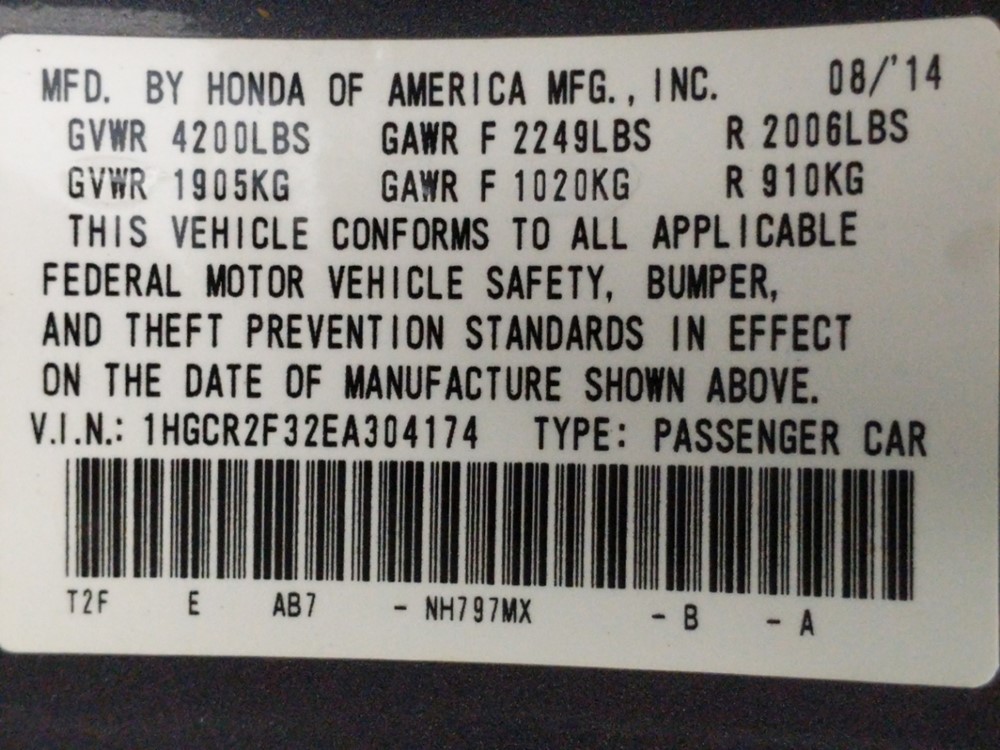 2014 Honda Accord - VIN Plate
