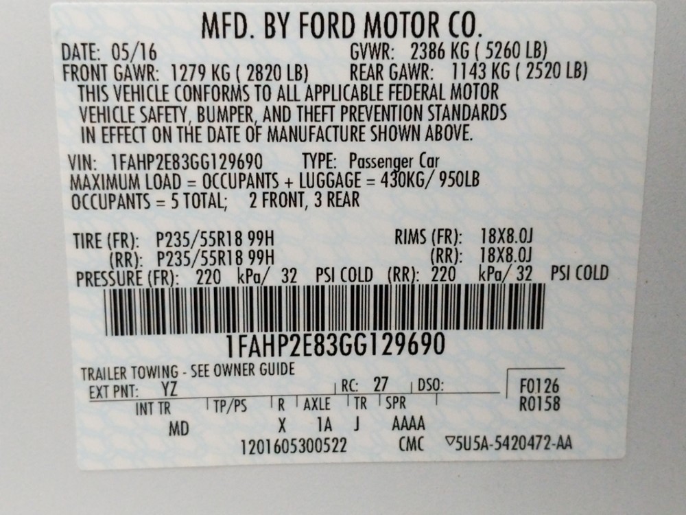 2016 Ford Taurus - VIN Plate