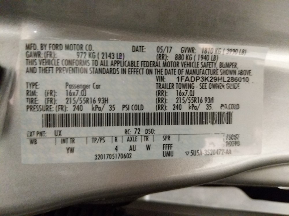 2017 Ford Focus - VIN Plate