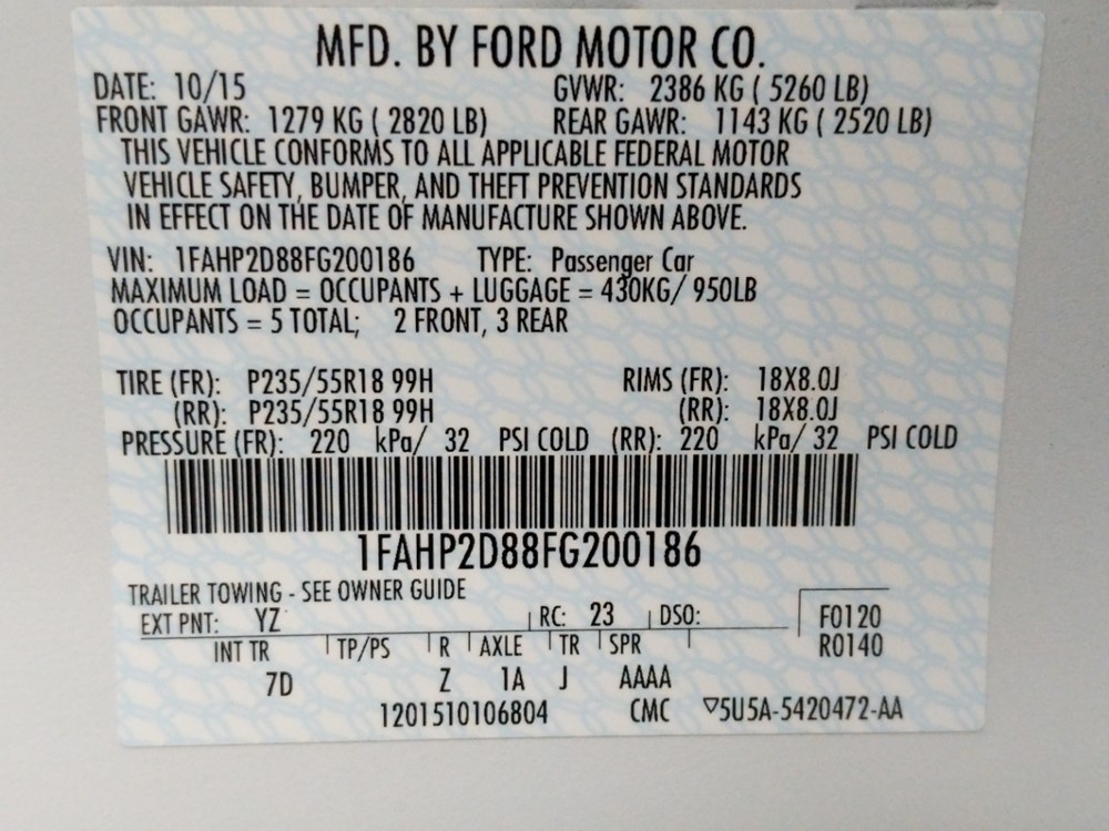2015 Ford Taurus - VIN Plate