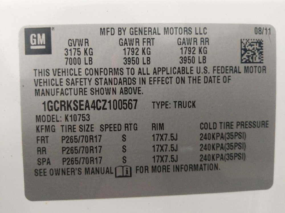2012 Chevrolet Silverado 1500 - VIN Plate