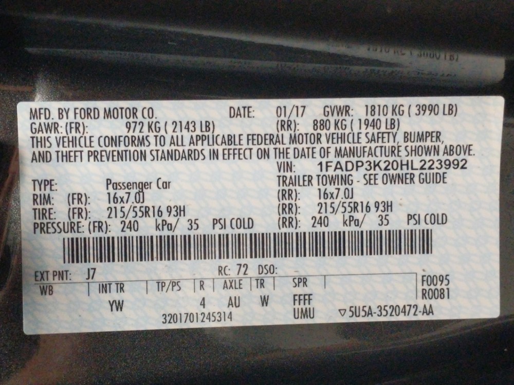2017 Ford Focus - VIN Plate