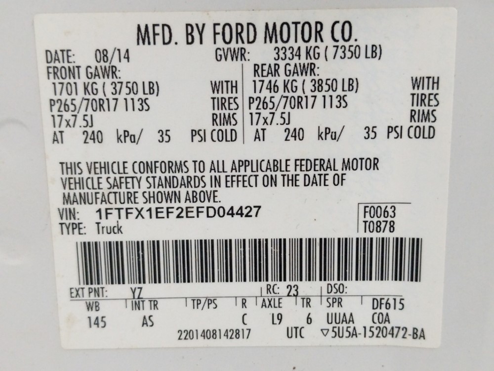 2014 Ford F-150 - VIN Plate
