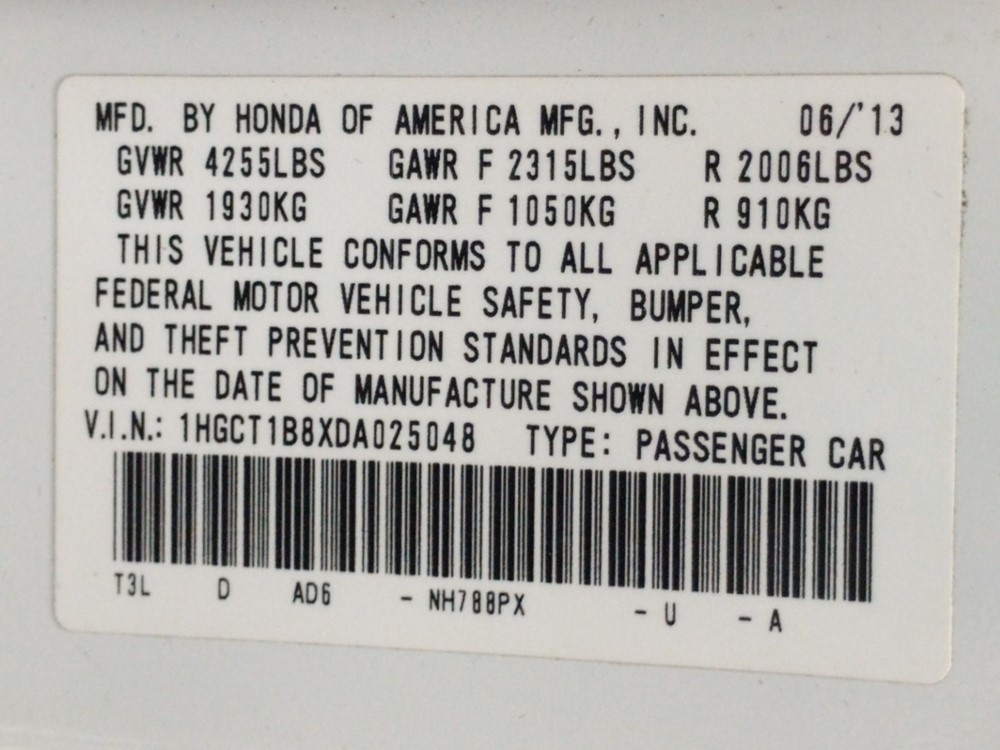 2013 Honda Accord - VIN Plate