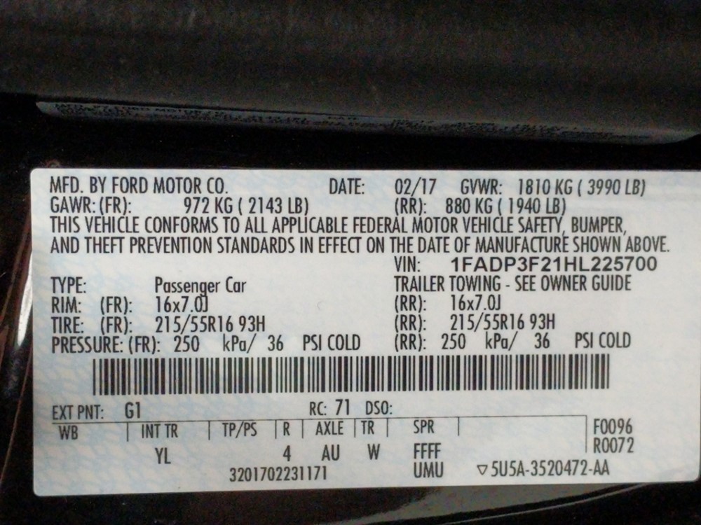 2017 Ford Focus - VIN Plate