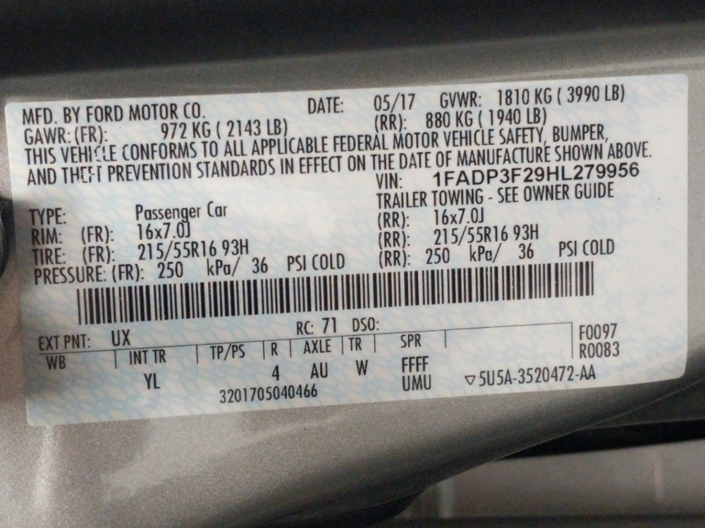 2017 Ford Focus - VIN Plate