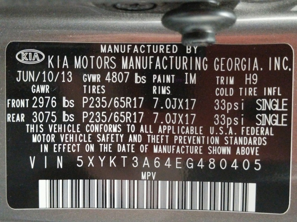 2014 Kia Sorento - VIN Plate