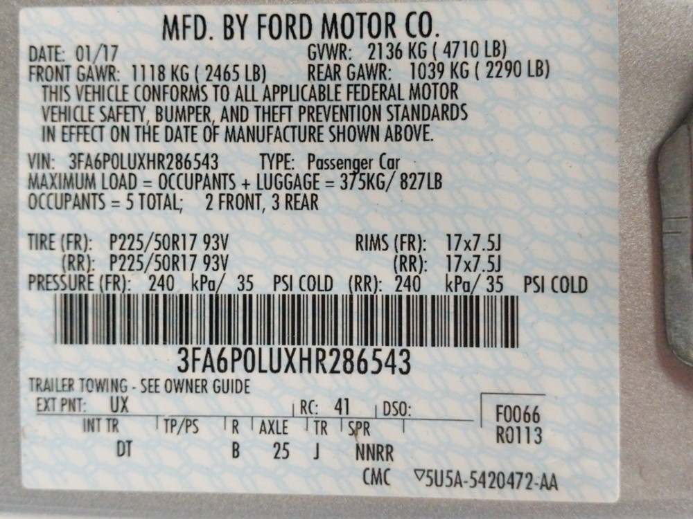 2017 Ford Fusion - VIN Plate