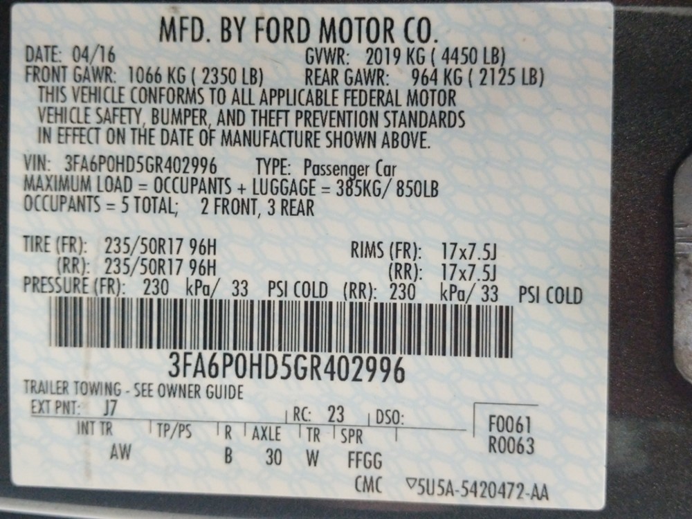 2016 Ford Fusion - VIN Plate