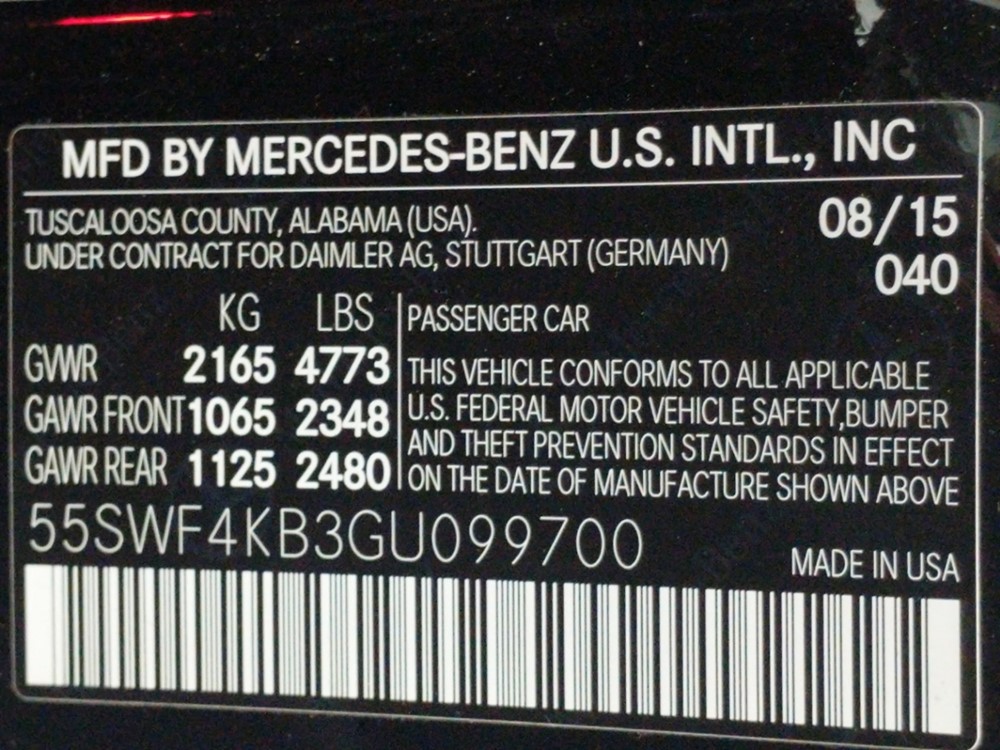 2016 Mercedes-Benz C300 - VIN Plate