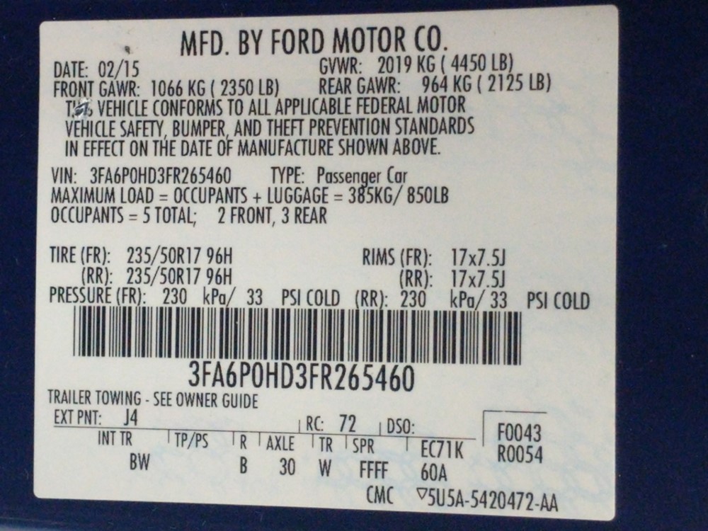 2015 Ford Fusion - VIN Plate