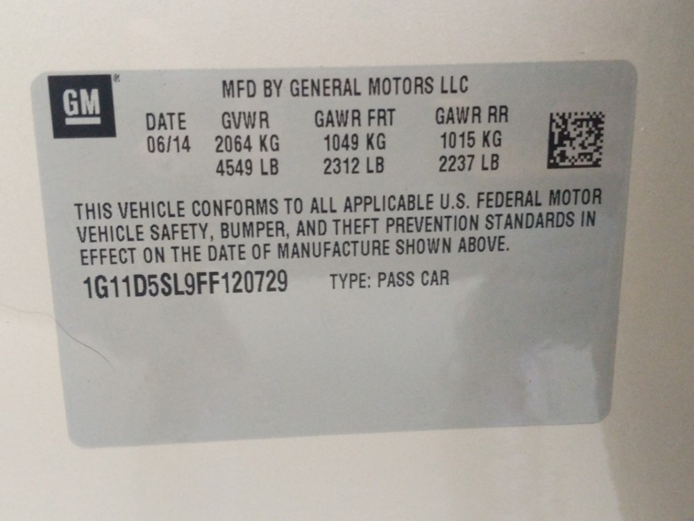 2015 Chevrolet Malibu - VIN Plate