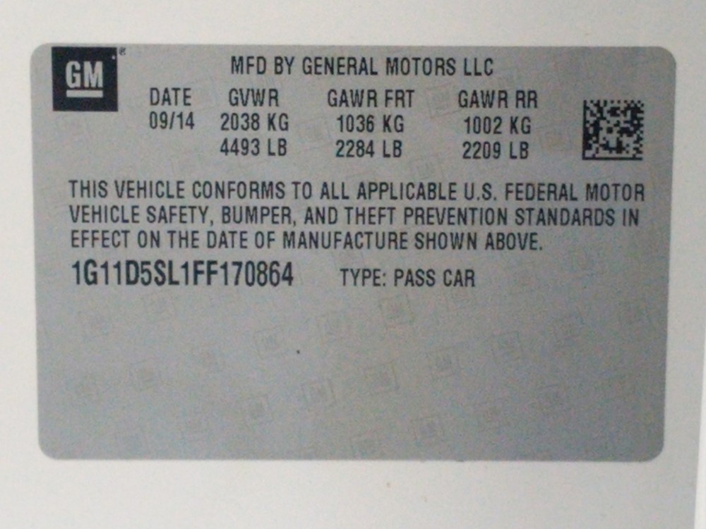 2015 Chevrolet Malibu - VIN Plate