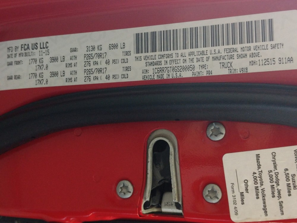 2016 Dodge Ram 1500 - VIN Plate