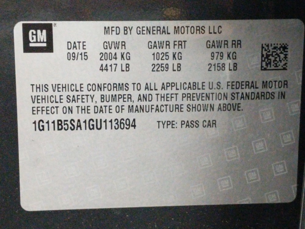 2016 Chevrolet Malibu - VIN Plate