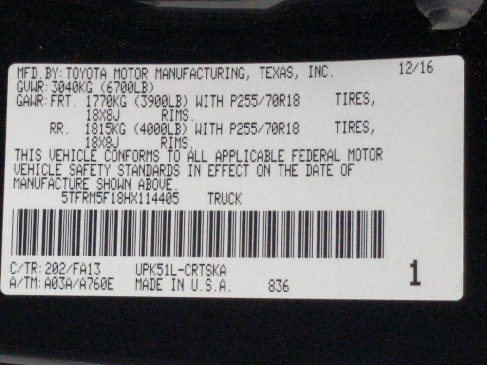 2017 Toyota Tundra - VIN Plate