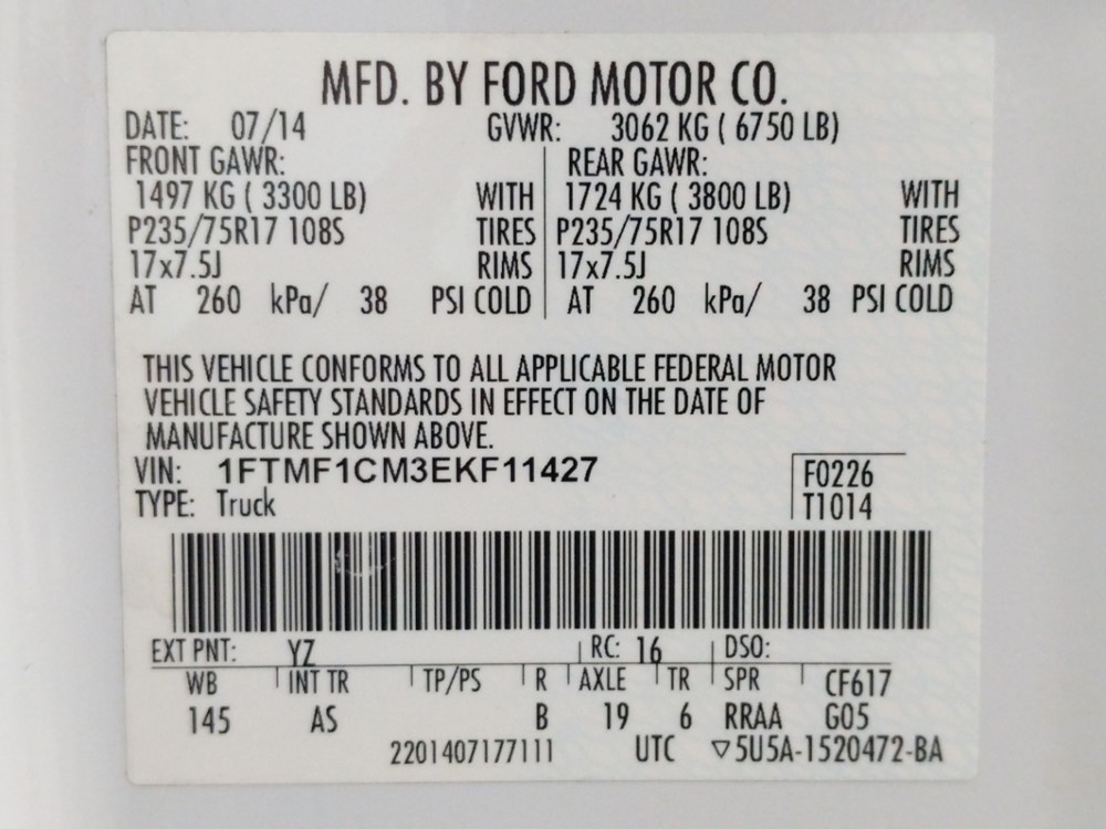 2014 Ford F-150 - VIN Plate