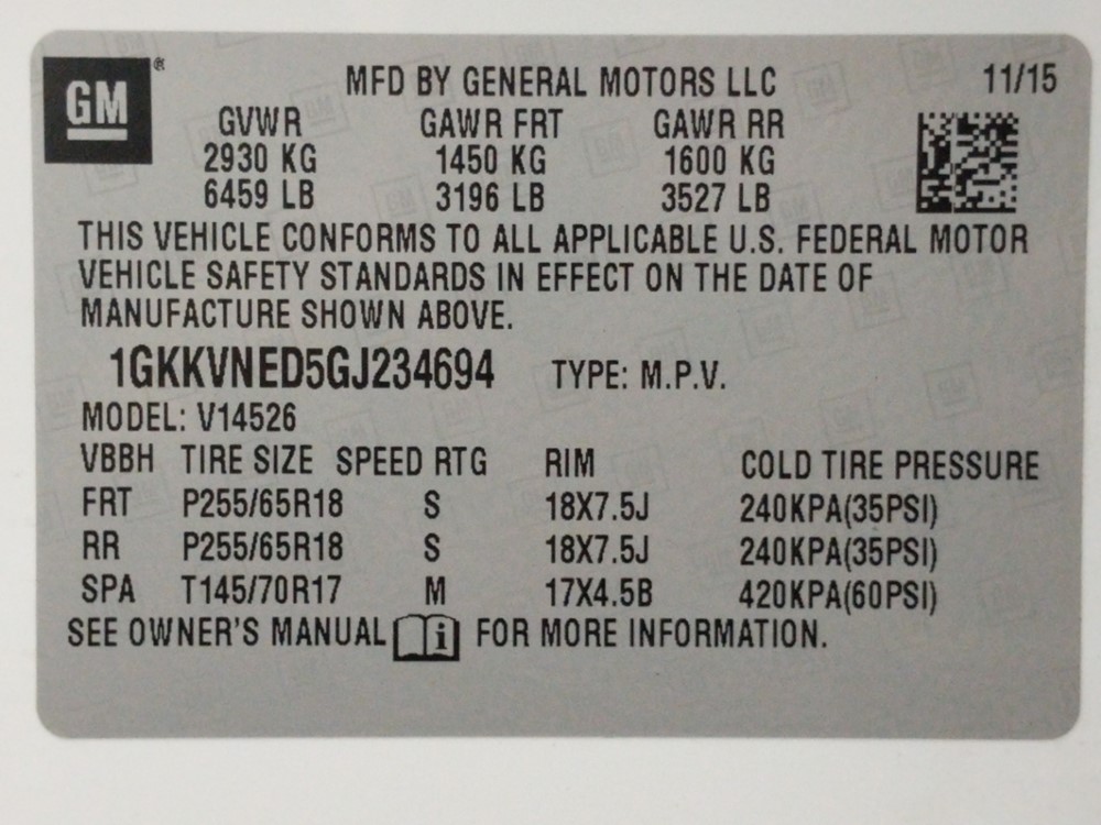 2016 GMC Acadia - VIN Plate