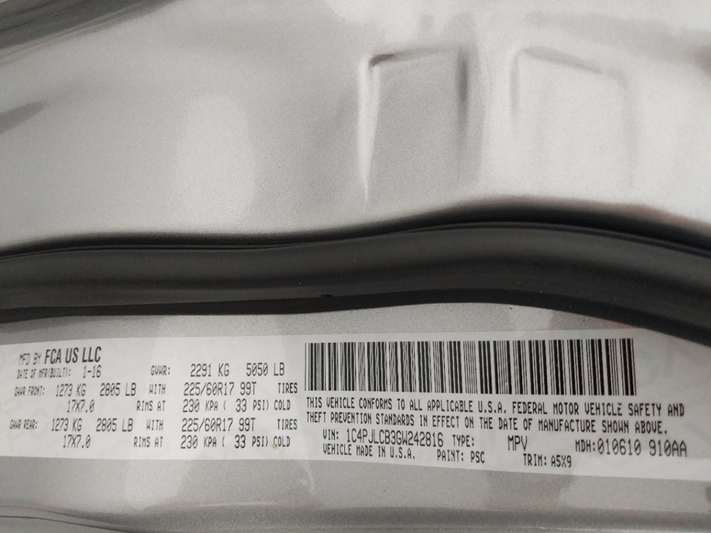 2016 Jeep Cherokee - VIN Plate