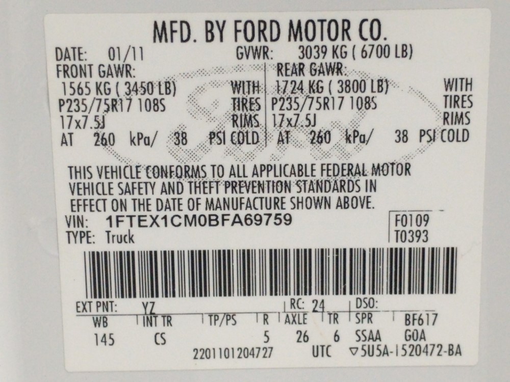 2011 Ford F-150 - VIN Plate