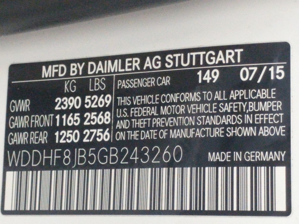2016 Mercedes-Benz E350 - VIN Plate
