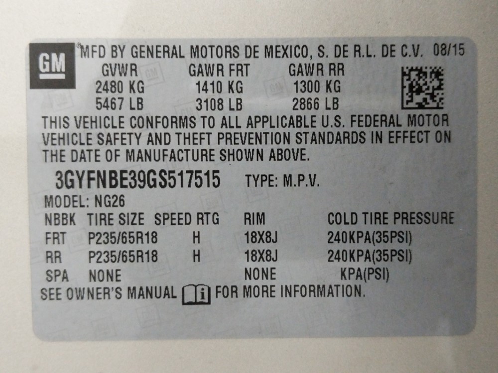 2016 Cadillac SRX - VIN Plate