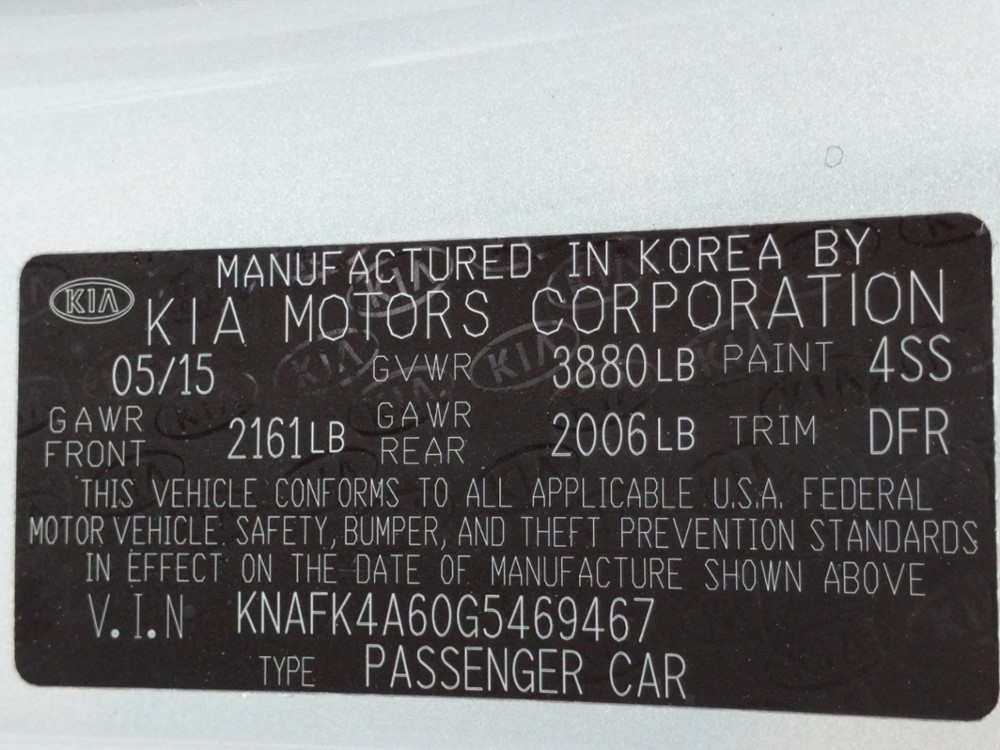 2016 Kia Forte - VIN Plate
