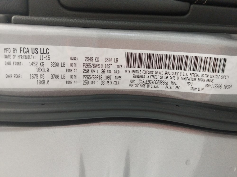2015 Jeep Grand Cherokee - VIN Plate