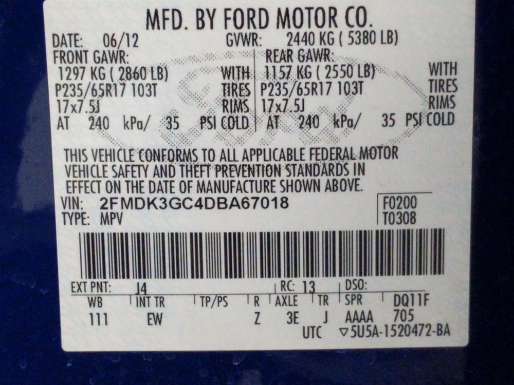 2013 Ford Edge - VIN Plate