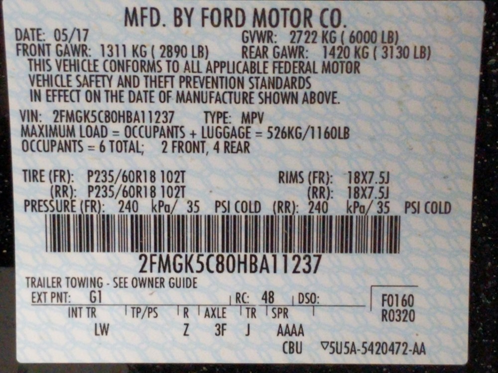 2017 Ford Flex - VIN Plate