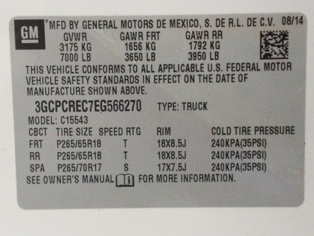 2014 Chevrolet Silverado 1500 - VIN Plate