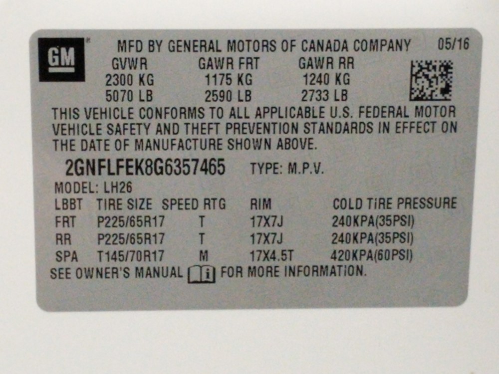 2016 Chevrolet Equinox - VIN Plate