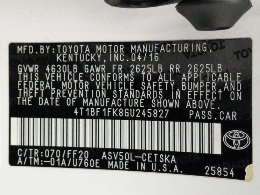 2016 Toyota Camry - VIN Plate