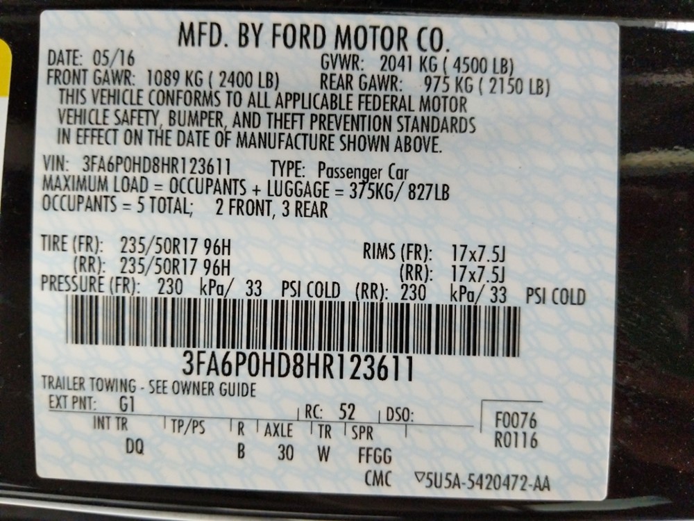 2017 Ford Fusion - VIN Plate