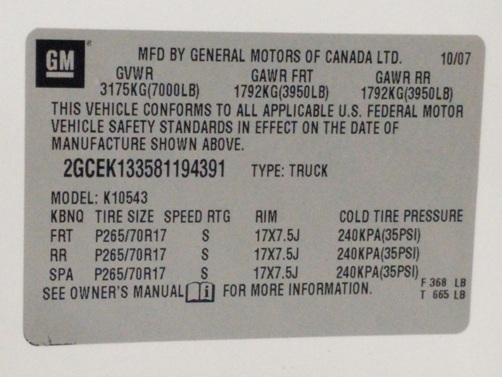 2008 Chevrolet Silverado 1500 - VIN Plate
