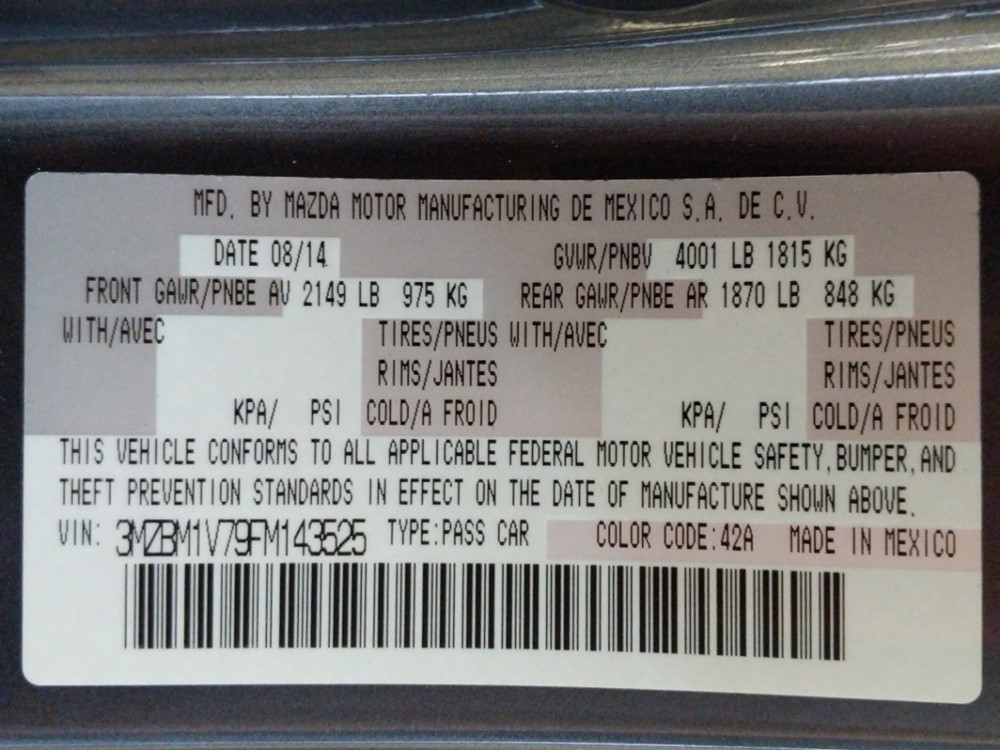 2015 Mazda Mazda3 - VIN Plate